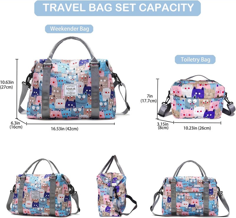NWLR Travel Duffle Bag Weekender Overnight Bag Gym Tote with Wet Pocket for Women Girls Workout Duffel Bag Water Resistant (W-Cute Cats+Toiletry Bag) - Image 3